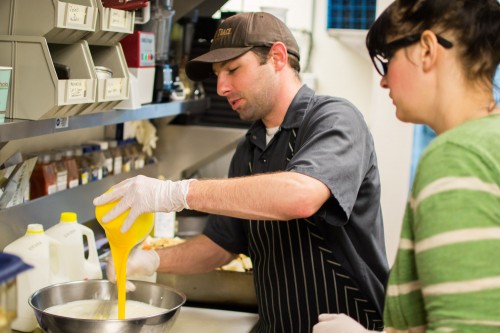 Production Chef, Clint Schaefers making Cherry Bread Pudding